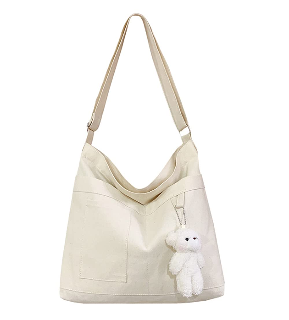 Kehpish Economical Cotton Tote Bag, Reusable Womens Canvas Tote Bag with 3 External Pocket, Top Zipper Closure White