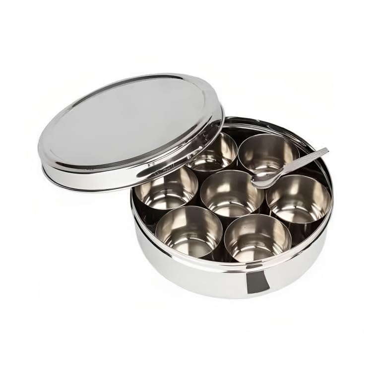 MummaS Life Stainless Steel Masala Dabba/Spice Box With Plain Lid, 7 Containers And 1 Small Spoons (13 Inch)
