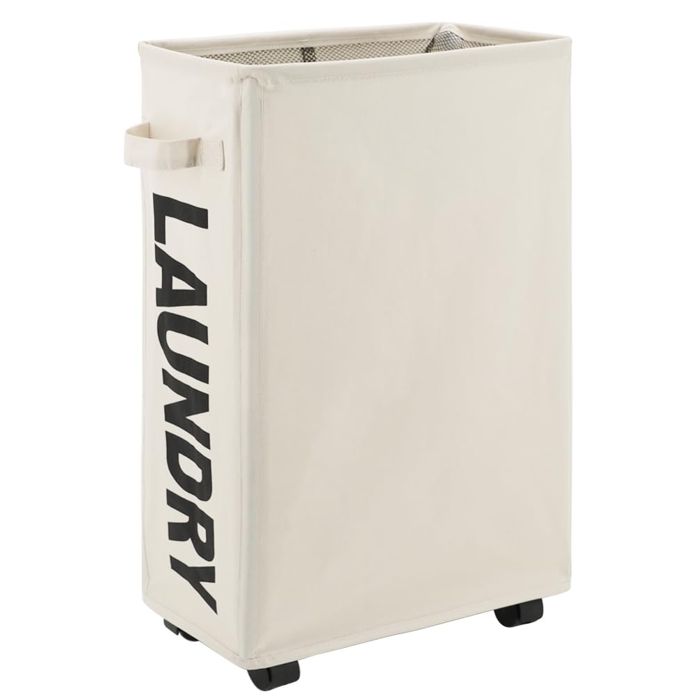 Maxsilan 25'' Slim Rolling Laundry Basket On Wheels, 50L Collapsible Narrow Corner Laundry Hamper, Foldable Storage Bins, Beige