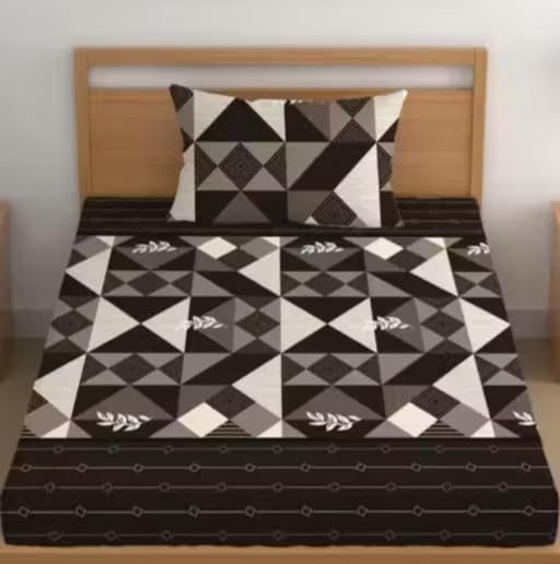 Geometric Print Double Bedsheet with Pillow Cover, Black, Grey and White, Triangular Pattern (BLA, Crib)
