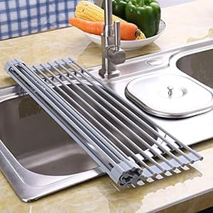 Dayish Multipurpose Rollup Dish Drying Rack Over The Sink Mat, Stainless Steel Adjustable Folding Rolling Dish Drainer Organize