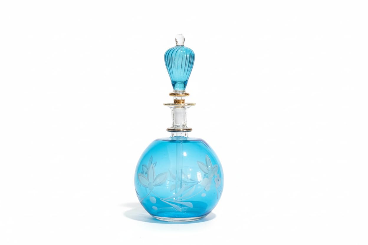 Les Trois Pyramides Decorative Glass Perfume Bottle | HandBlown Refillable Bottle with GoldTone Detailing | Turquoise Glass Ac