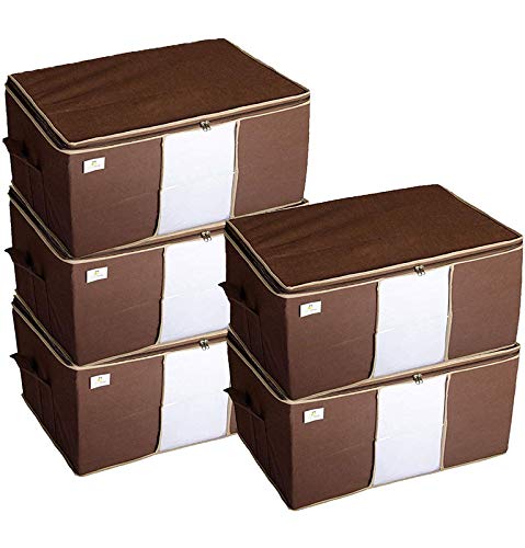 HomeStrap Non Woven Big Underbed Storage/Bag with Transparent Window (Pack of 5,Brown)