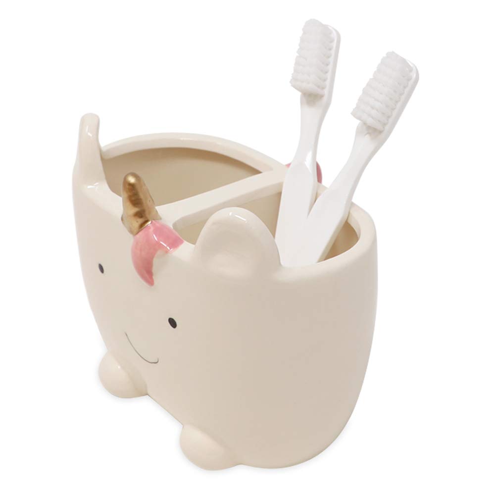 Isaac Jacobs White Ceramic Unicorn Makeup Brush Holder, Multi-Purpose 2-Section Organizer. Bathroom, Kitchen, Bedroom, Office D