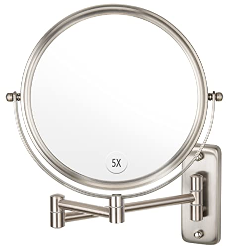 Alhakin Wall Mounted Makeup Mirror, 1X/5X Magnifying Mirror Double Sided, 8 Inch Extendable Bathroom Mirror For Shaving, Nickel