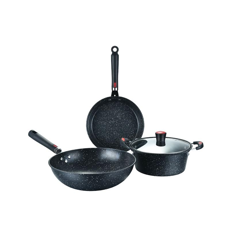 YRJFUT Household Cookware Set with Medical Stone Nonstick Three Piece Wok Saucepan