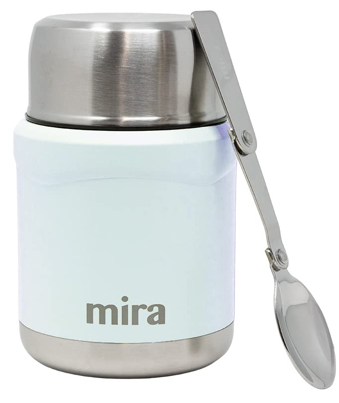 Mira Lunch, Food Jar - Vacuum Insulated Stainless Steel Lunch Thermos With Portable Folding Spoon - 15 Oz (450 Ml), Pearl Blue