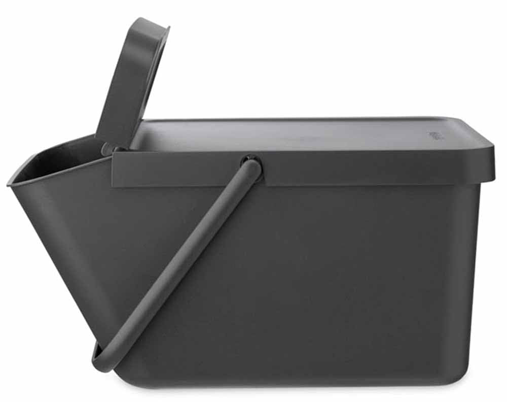 Brabantia Sort & Go Stackable 5.3 Gallon Recycling Wastebasket (Dark Gray) Flat Top Trash Can With Carry Handle, Storage Bin, Pa