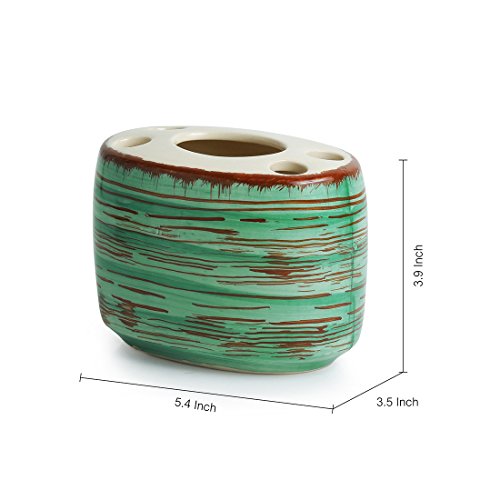 Exclusivelane Elegant Ceramic Bathroom Accessory Set Of 3 (Liquid Soap Dispenser, Soap Dish, Toothbrush Holder) - Sea Green & Br