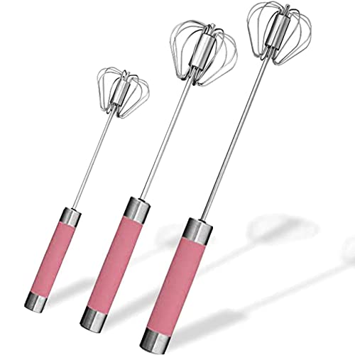 Stainless Steel Semi-Automatic Egg Whisk - 3Pcs Hand Push Rotary Whisk Blender (Pink)