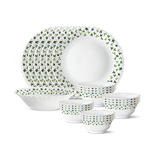 Larah By Borosil Sage Silk Series Opalware Dinner Set | 19 Pieces For Family Of 6 | Microwave & Dishwasher Safe | BoneAsh Free 