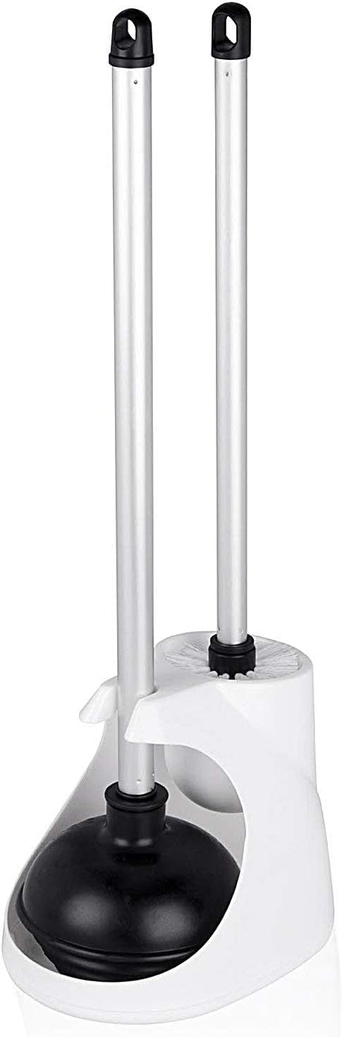 NEIKO 60167A Toilet Plunger with Holder for Brush and Bathroom Plunger Set, Clean Aluminum Handle, White Plunger Caddy, Toilet B