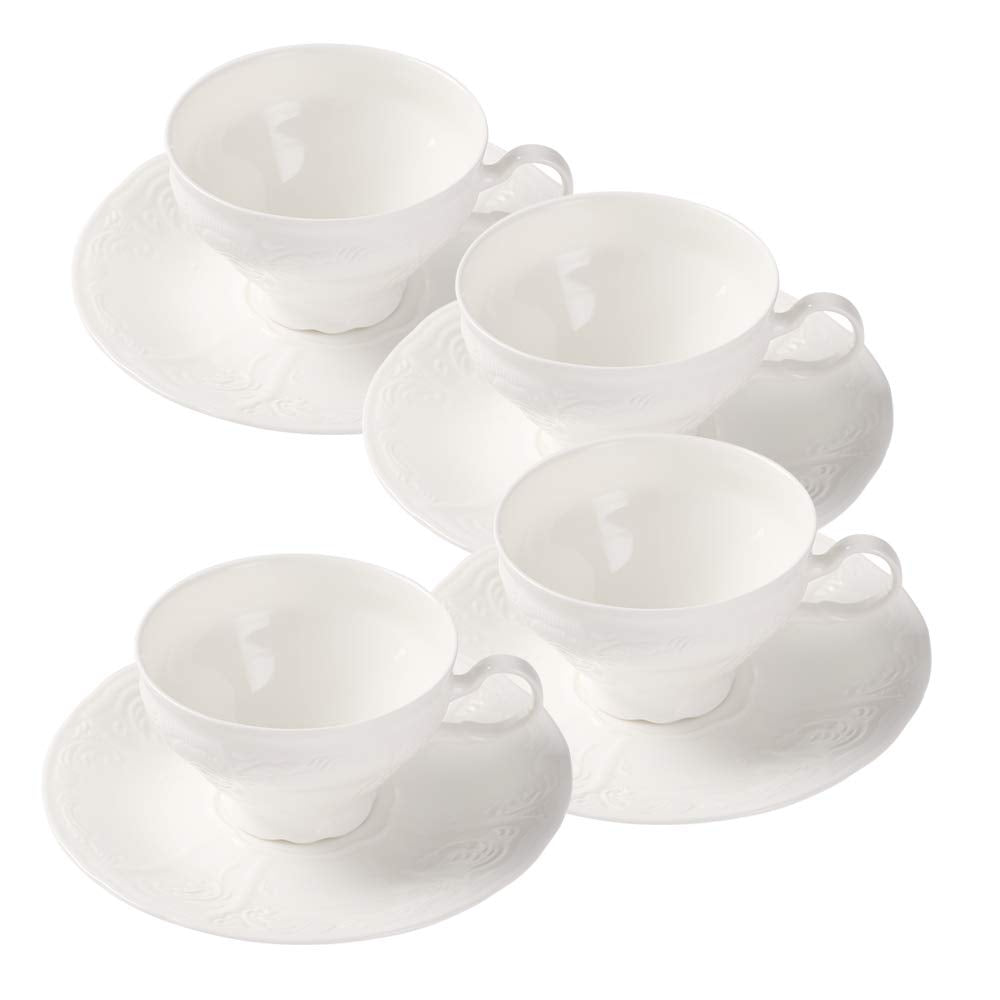 Pulchritudie Fine Porcelain White Teacup And Saucer Set, Sculpture Surface, Light Weight 7 Oz Cup, Set Of Four