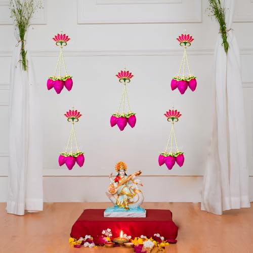 Divyakosh Handmade Lotus Buds Hanging, Pack Of 5, Size 16 Inch, Pooja Room Decoration Items, Solawood Hangings For Mandir, Lotus