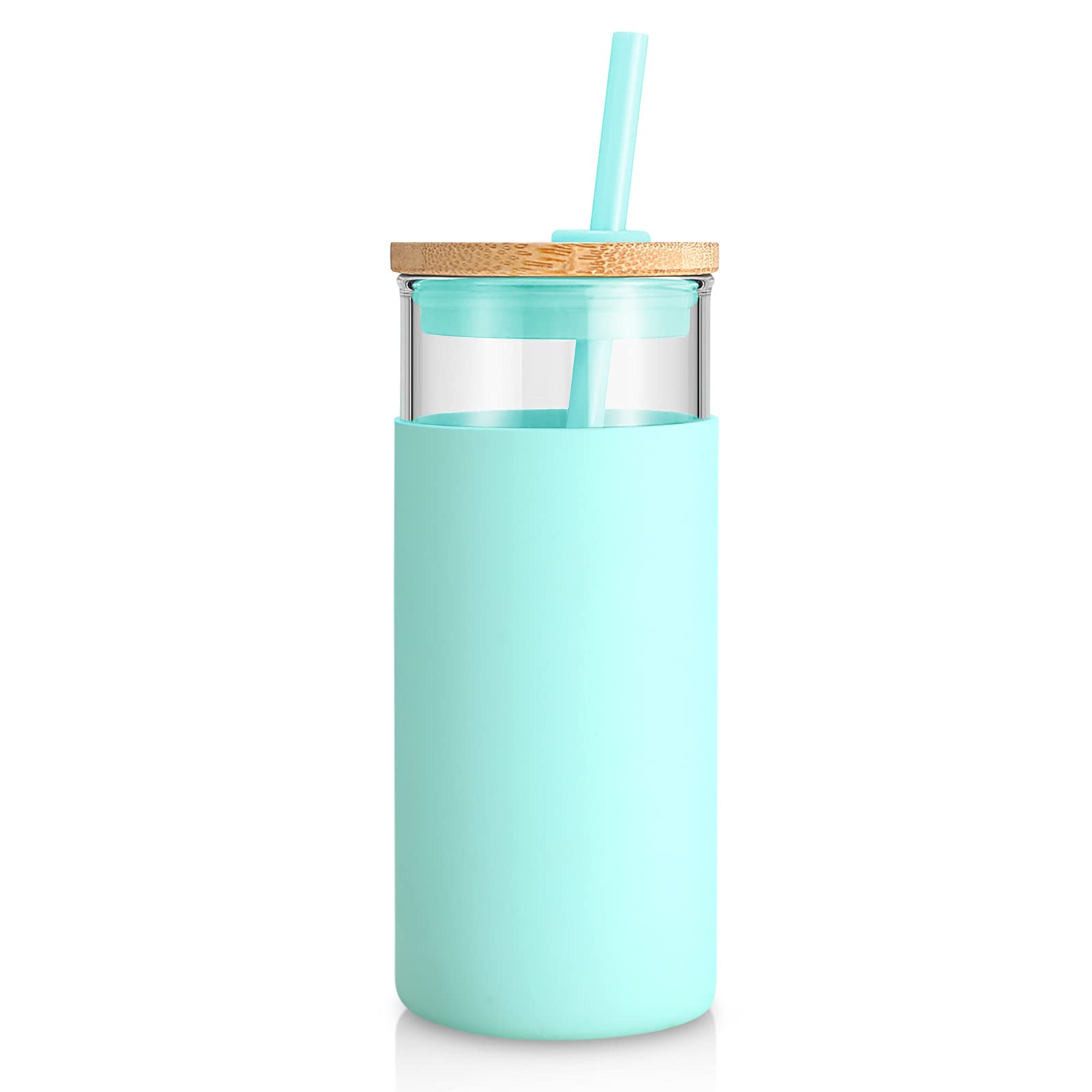 Tronco 20 Oz Glass Tumbler Glass Water Bottle Straw Silicone Protective Sleeve Bamboo Lid - Bpa Free (Blessed Blue/ 1Pack)