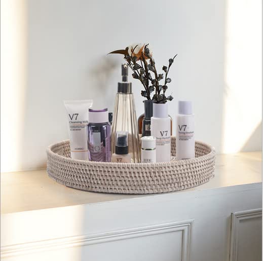 14.2 Inch Round Rattan Tray, Ottoman Tray, Woven Serving Tray With Cut - Out Handles, Wicker Serving Basket, Whitewash