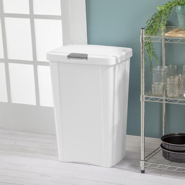 Sterilite 13 Gallon Touchtop Wastebasket W/ Lid, Opens With Touch, Trash Can For The Kitchen Or Mudroom, White, 4-Pack