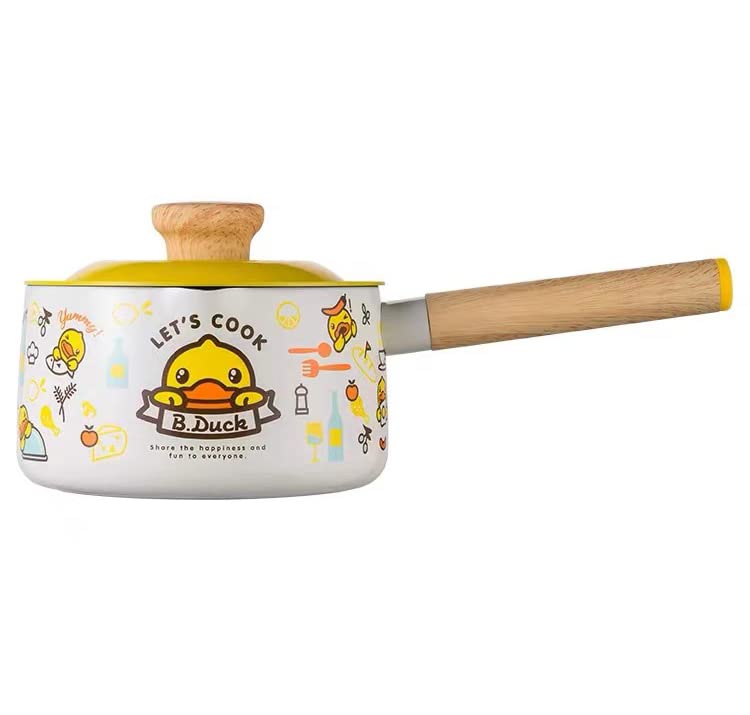 Cooker King x B. Duck 6 inch Milk Pot with Lid, NonStick Sauce Pan, Yellow Duck Pattern Small Cookware with Wood HandleYellow 