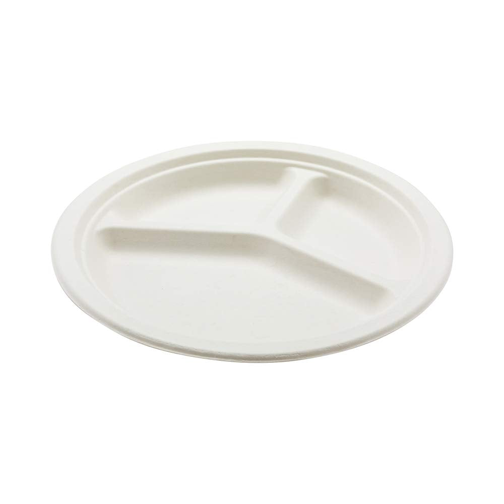 Restaurantware Bagasse Three Compartment Plate Round Compartment Plate Party Plate - 10'' - Durable All Natural Premium Disposab