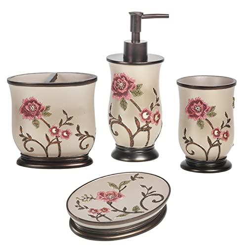 Zahari Home 4Pc Larrisa Floral Bathroom Accessories Sets Modern Classic Flower Soap Dispenser, Tumbler, Tooth Brush Holder And S