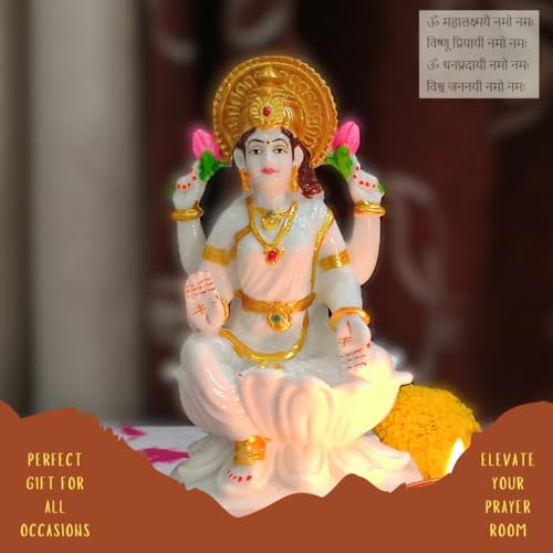 Apnimarket Marble Dust Laxmi Mata Murti Figurine, Standard, Goddess Mahalakshmi Statue-White 7