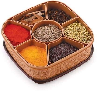Kexes Multipurpose 7 In 1 Plastic Masala Rangoli Dabba Box Set With Spoon, Spice Box Set Wooden Style Plastic Spice Organizer