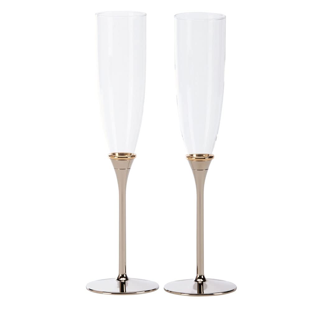 Creative Gifts Golden Ring Gold Tone 10 X 3 Glass Flutes With Metal Base; Set Of 2
