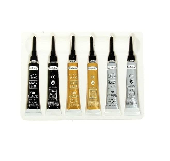 Rowaro 3D Glass Liner Colour, 12Ml X 6 Tubes, Gold, Silver, Black, Pack Of 6