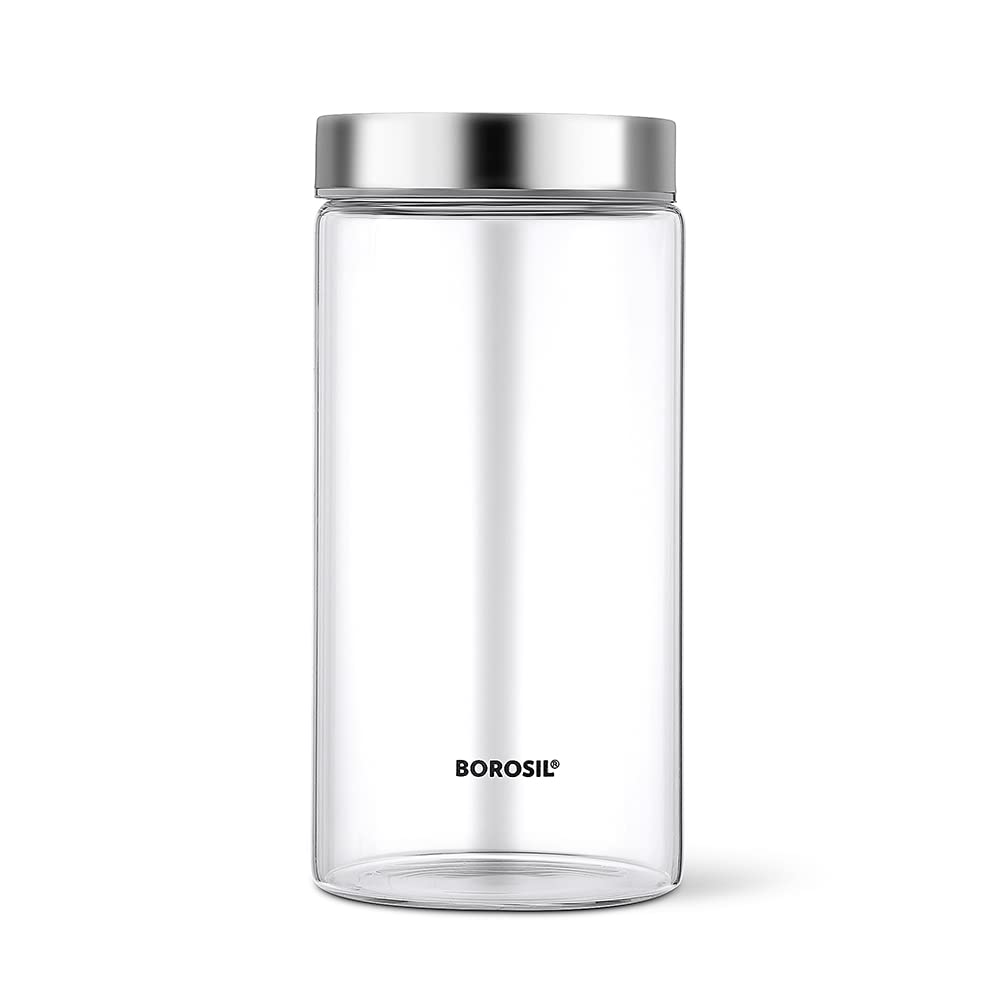 Borosil 1200Ml Endura Glass Jar With Stainless Steel Lid | Borosilicate Glass Storage Organiser | Microwave & Dishwasher Safe Ki