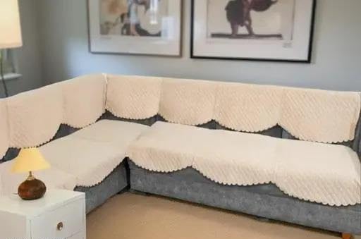 Blush & Bloom 7 Seater L Shape Self Design Velvet Quilted Sofa Cover And Chair Cover, Seat And Back Cover-Cream