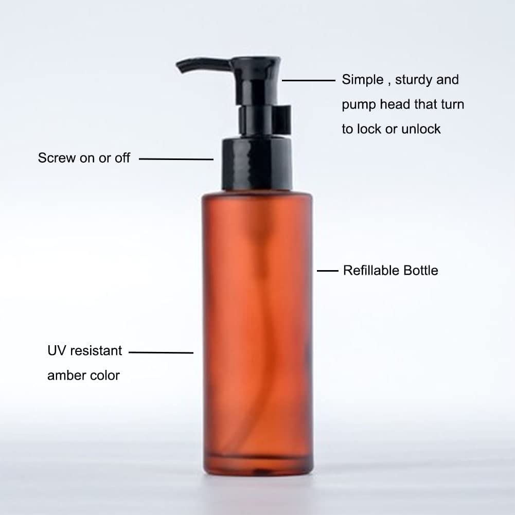 2Pcs 100Ml/3.4Oz Empty Refillable Amber Frosted Glass Lotion Pump Press Bottles Soap Dispensers Containers Jars With Black Pumps
