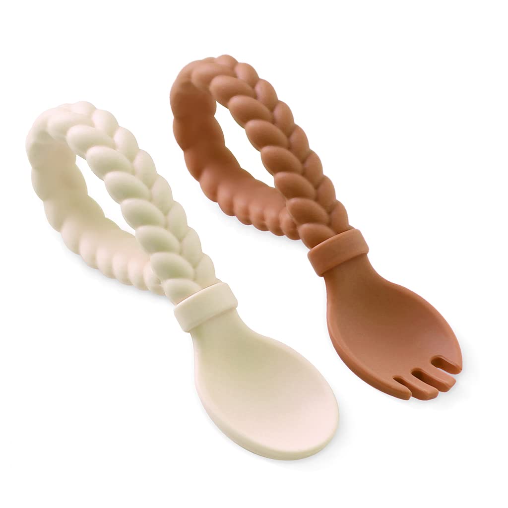 Itzy Ritzy Silicone Spoon & Fork Set; Baby Utensil Set Features A Fork and Spoon with Looped, Braided Handles; Made of 100% Food