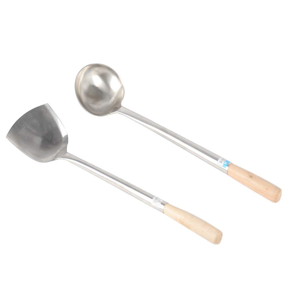 Chinese Asian Cooking Tools Wok Spoon & Wok Turner with Long Wooden Handle Stainless Steel Chuan & Hoak (Spatula & Ladle