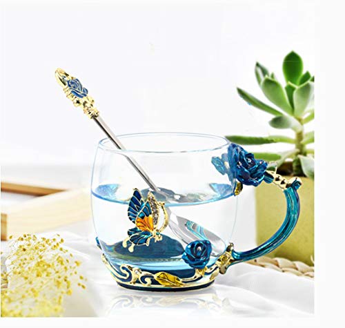 Wobox Tea Mug, Coffee Cup With Spoon Set Clear Glass Handmade Enamel Butterfly Flower,Mother'S Day,Birthday,Christmas Gift(11 Oz