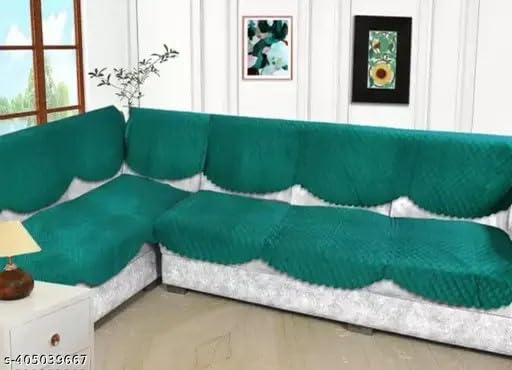 Blush And Bloom 7 Seater L Shape Self Design Velvet Quilted Sofa Cover And Chair Cover, Seat And Back Cover (Teal Green)