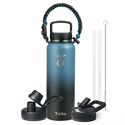 Trebo Water Bottle 40oz with Paracord Handle Food-grade Double Wall Vacuum Stainless Steel Insulated Jug with Straw Spout Handle Lids  Large Sports Flask Keep Cold & Hot  Ombre: Indigo/Black