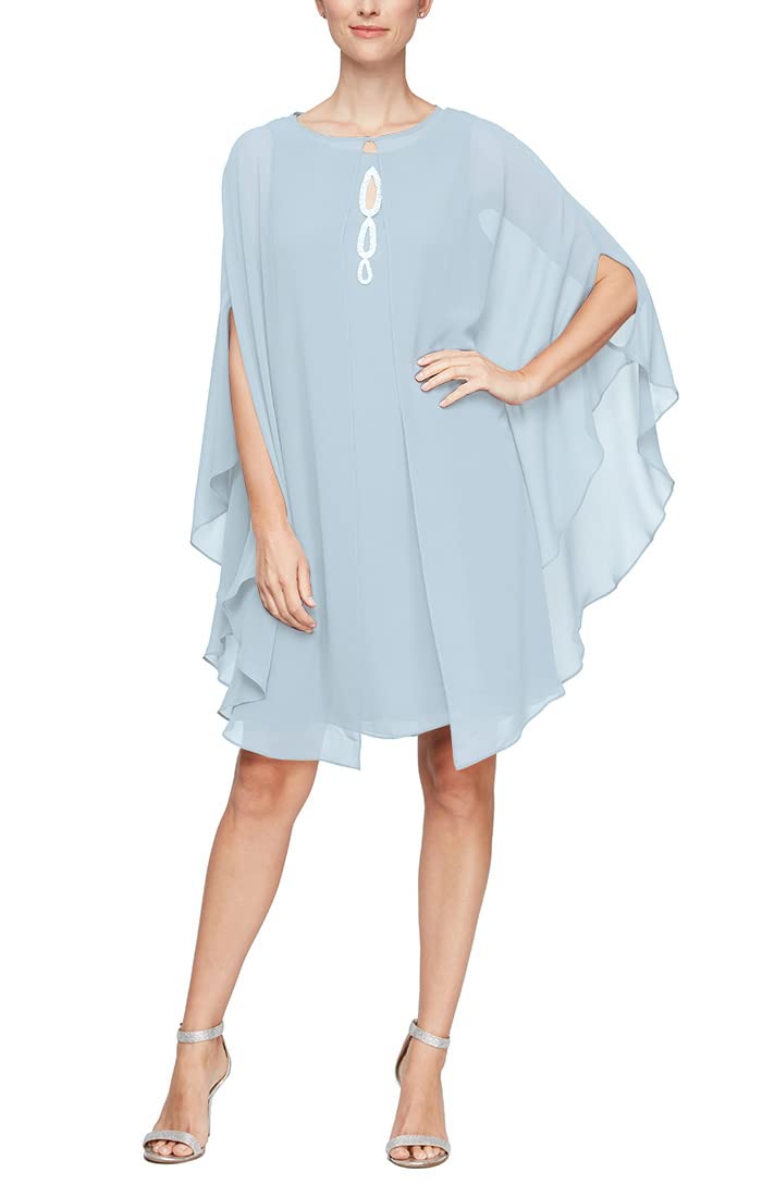 Sl Fashions Womens Petite Two Piece Knee Length Capelet Jacket Dress Keyhole Neckline, Hydrangea, 10P