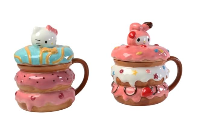 Blue Sky Clayworks HELLO KITTY & My Melody Donut Mug Set, Ceramic, 7 L x 5 W x 7 H, Pastel DonutStack Duo with Lids
