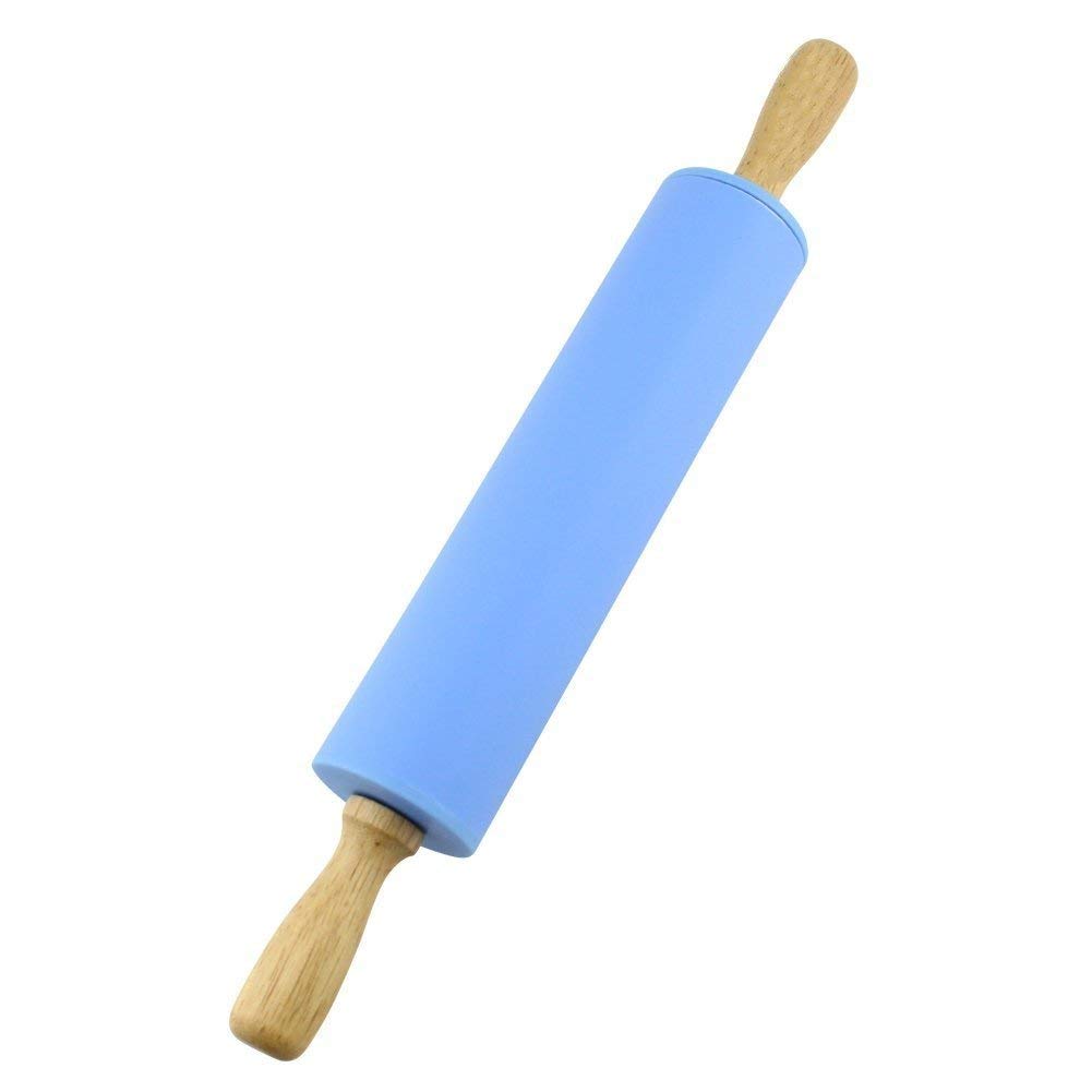 Nasnaioll Silicone Rolling Pin Non Stick Surface Wooden Handle (Blue)