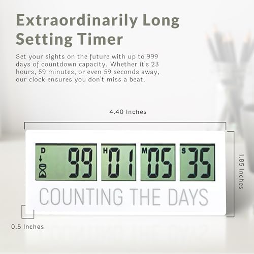 Countables Countdown Clock - LCD Digital Timer for Up to 999 Days, Easy to Read, White, Model C201