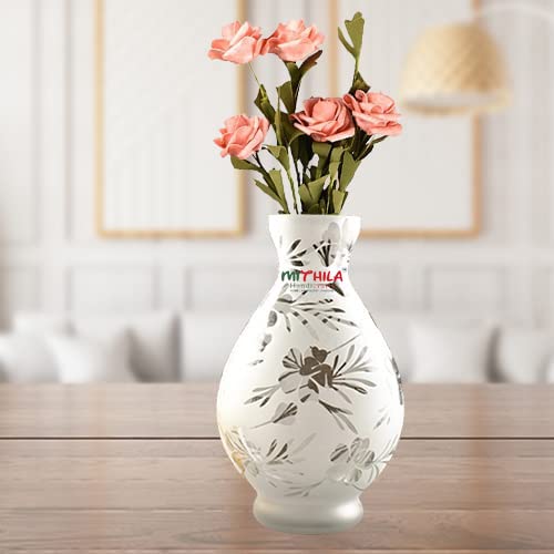 Mithila Handicrafts Flower Pot Glass Vase for Money & Bamboo Water Plants, Flowers - Elegant Frosted Printed Design Glass Pot Ho