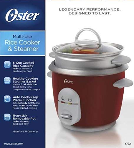 Oster 6-Cup Rice Cooker With Steamer, Red (004722-000-000)