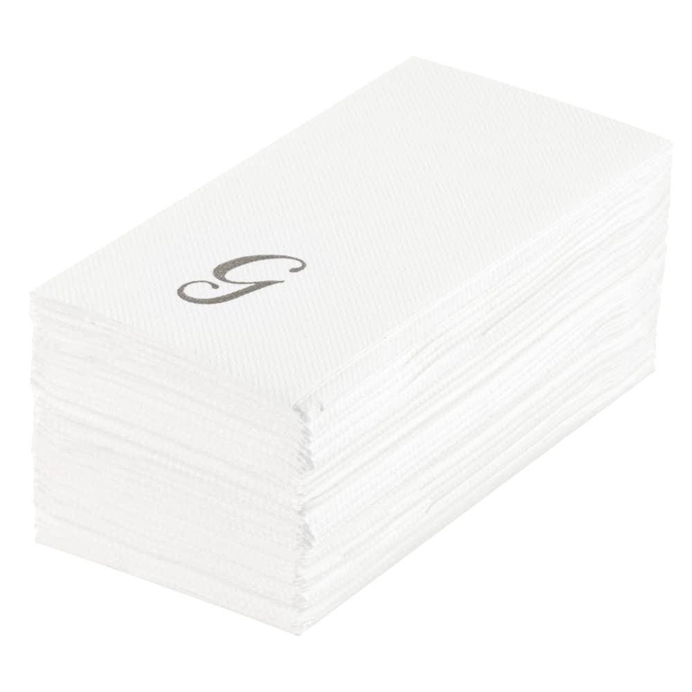 Luxenap 15.8 X 7.9 Inch Linen-Feel Guest Towels, 50 Lettered Hand Towels - Silver Letter 'G', Cursive Font, White Paper Dinner N