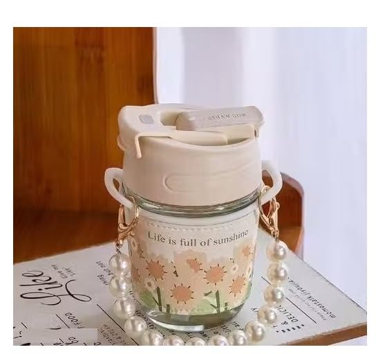 PAPITA Glass Coffee Mugs with Pearl Chain Belt & Sleeve Pack of 1, Travel Sipper with Double Drink Straw and Lids,Kids Girls Tum