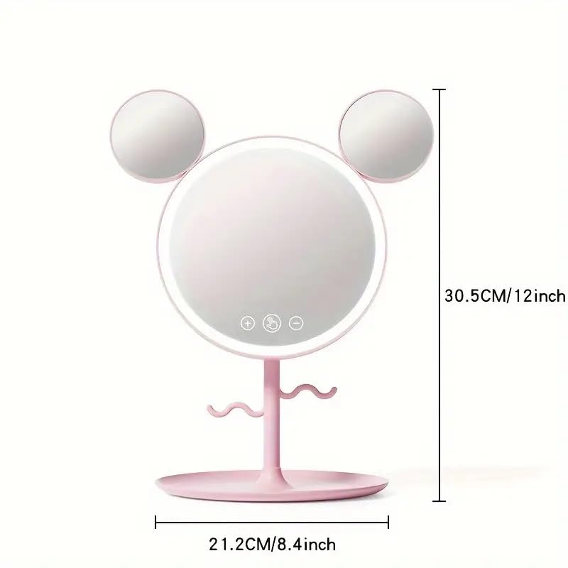 Lighted Vanity Mirror With Mouse Ears Design, Magnification, Pallet Storage, Jewelry Hook, For Dorm (Pink)