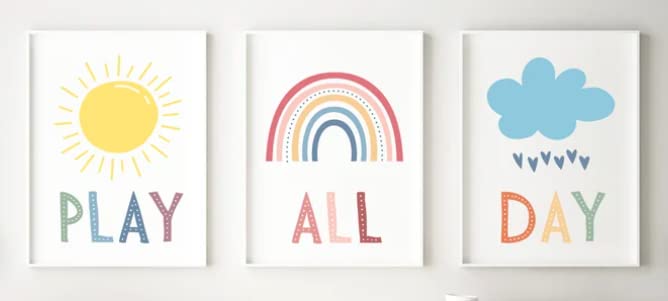 Kids Wall Art, Playroom Wall Poster, Rainbow And Sunshine Retro Wall Art, Play All Day (Set Of 3) - Unframed - Nursery, Kids Roo