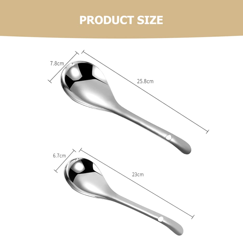 Cabilock Stainless Steel Soup Spoon Ladle: 2Pcs Metal Silver Rice Spoons Long Handle Dinner Spoons For Ramen Pho Wonton Dumpling