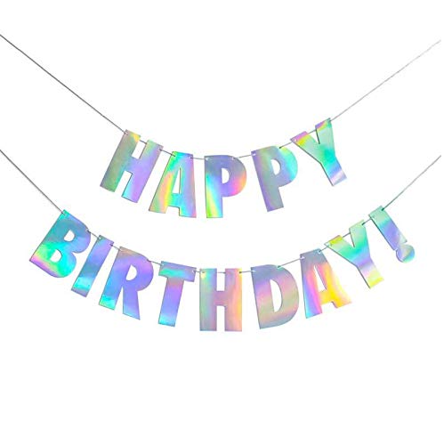 Pre-Strung Holographic Happy Birthday Banner - No Diy - Iridescent White Hanging Bunting Garland Party Decorations
