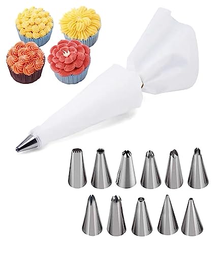 Lukzer 12PC Stainless Steel Cake Decoration Nozzles Set with Icing Bag and Coupler Various Piping Tips for Cupcake Muffin Pastry