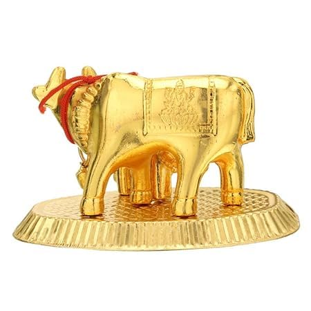 Haridwardivine Kamadhenu Cow With Lakshmi Ganesh/Satyakama Gaumata Idol With Lakshmi Ganesh- Golden (9Cm)